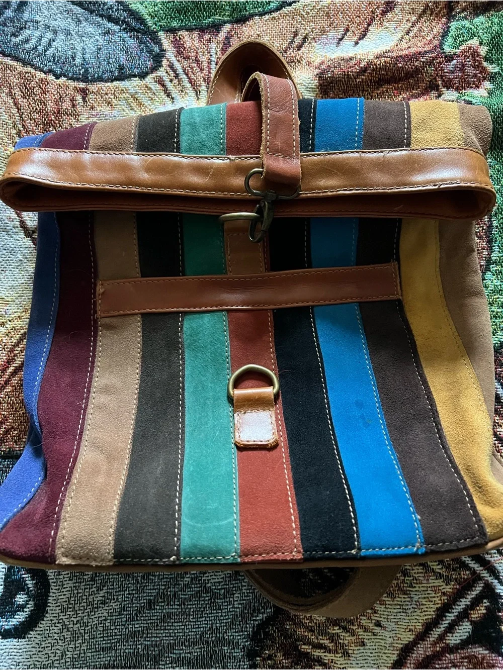 Striped Multicolor Suede & Leather Backpack